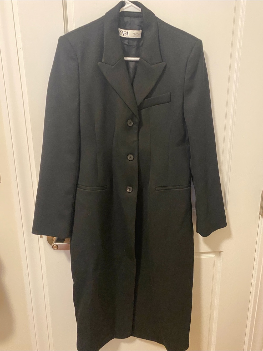 Zara Black Long Single-Breasted Trench Coat with Notched Lapel Sz S